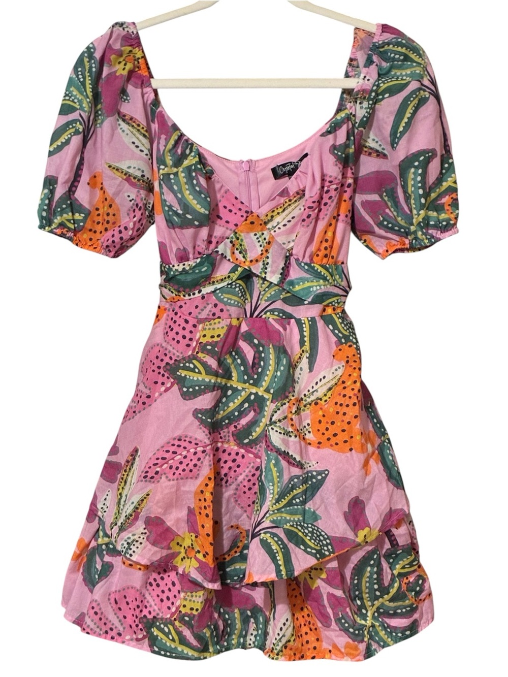 Boho Crystal Sky Pink Tropical Floral Tiered‎ Mini Dress Back Tie Fit + Flare M